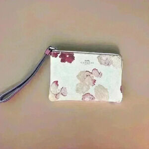 Coach Zippered Burgundy & Pink Floral Wristlet Wallet 6 X 4 Inches
